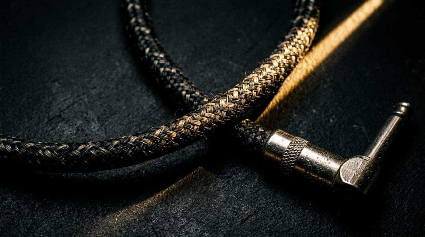 Macro guitar cable and jack on a dark textured surface