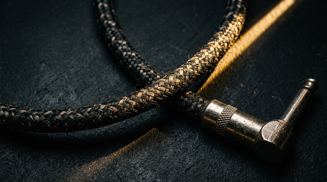 Macro guitar cable and jack on a dark textured surface