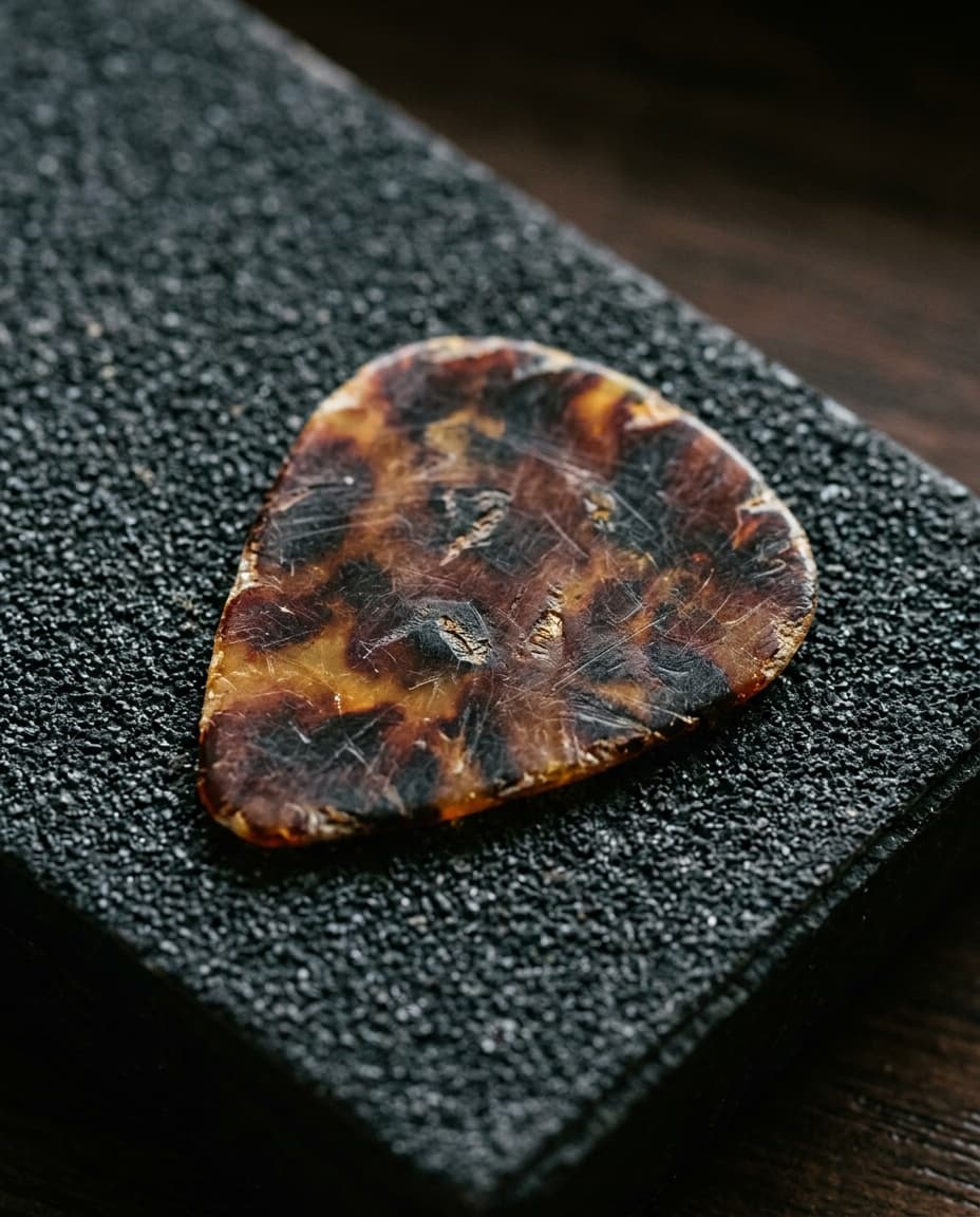 Guitar pick on dark textured surface